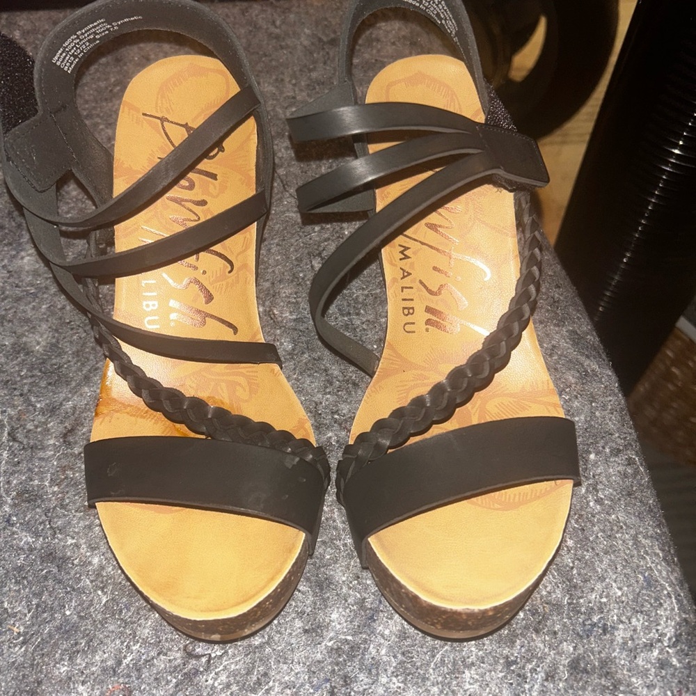 Malibu Women's Black Strappy Braided Wedge Sandals